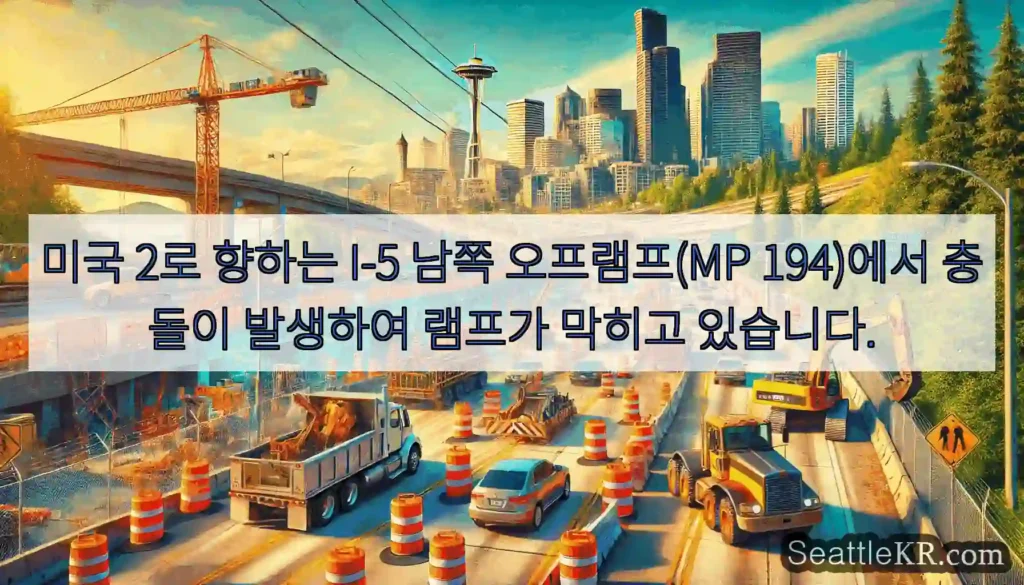 미국 2로 향하는 I-5 남쪽 오프램프(MP 194)에서 충돌이 발생하여 램프가 막히고
