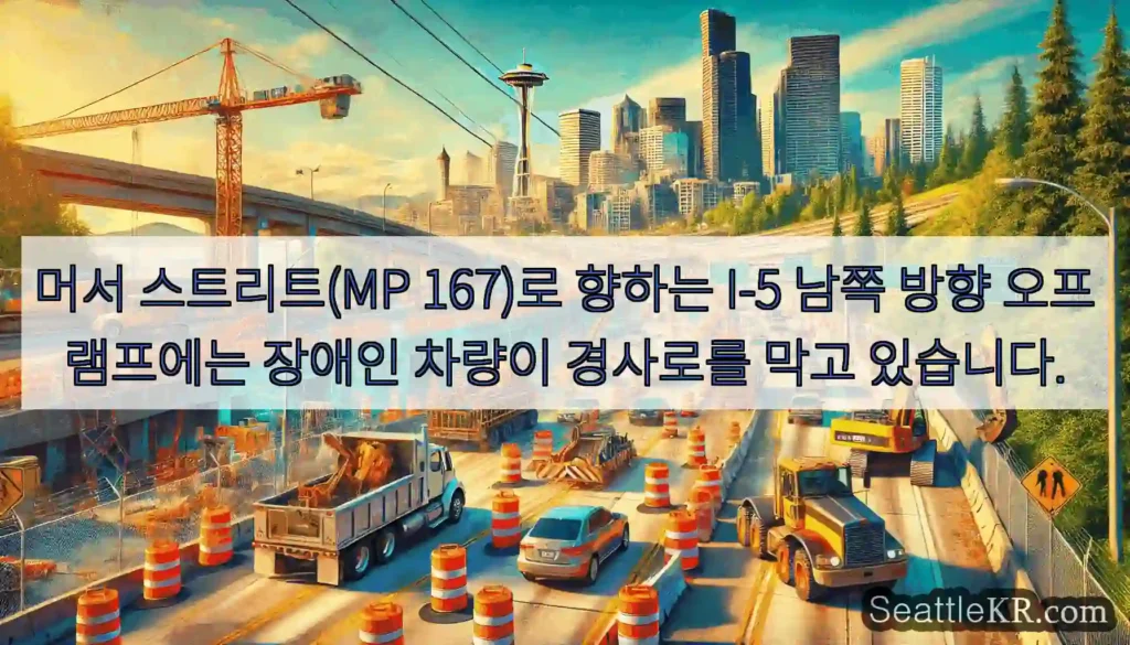 머서 스트리트(MP 167)로 향하는 I-5 남쪽 방향 오프램프에는 장애인 차량이