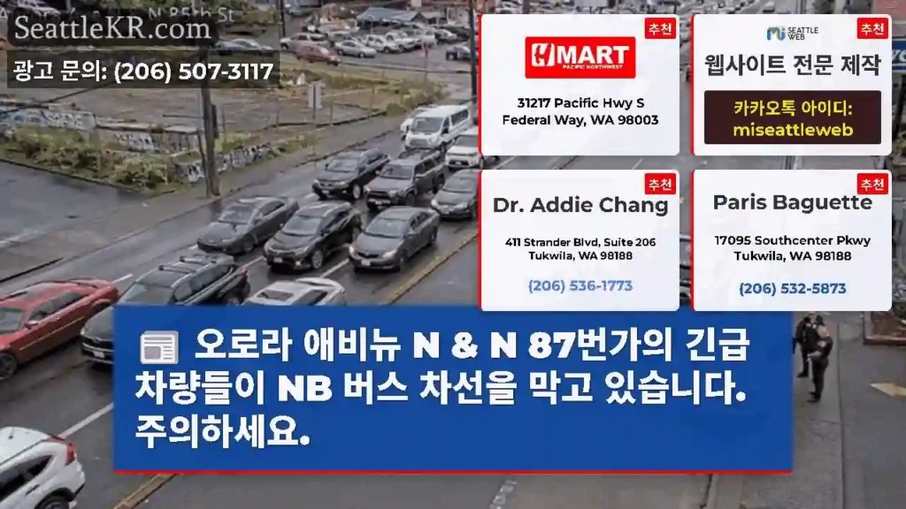 오로라 애비뉴 N & N 87번가의 긴급 차량들이 NB 버스 차선을 막고 있습니다.
