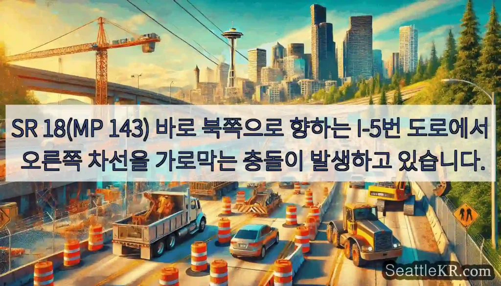 SR 18(MP 143) 바로 북쪽으로 향하는 I-5번 도로에서 오른쪽 차선을 가로막는