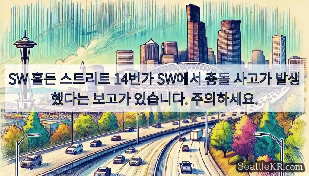 SW 홀든 스트리트 14번가 SW에서 충돌 사고가 발생했다는 보고가 있습니다. 주의하세요.