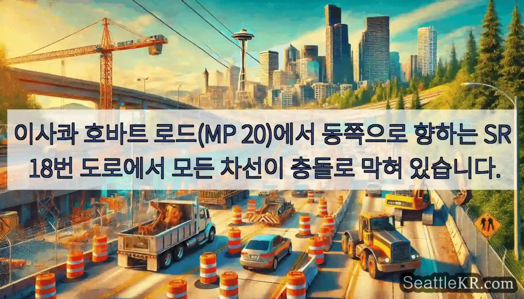 이사콰 호바트 로드(MP 20)에서 동쪽으로 향하는 SR 18번 도로에서 모든 차선이