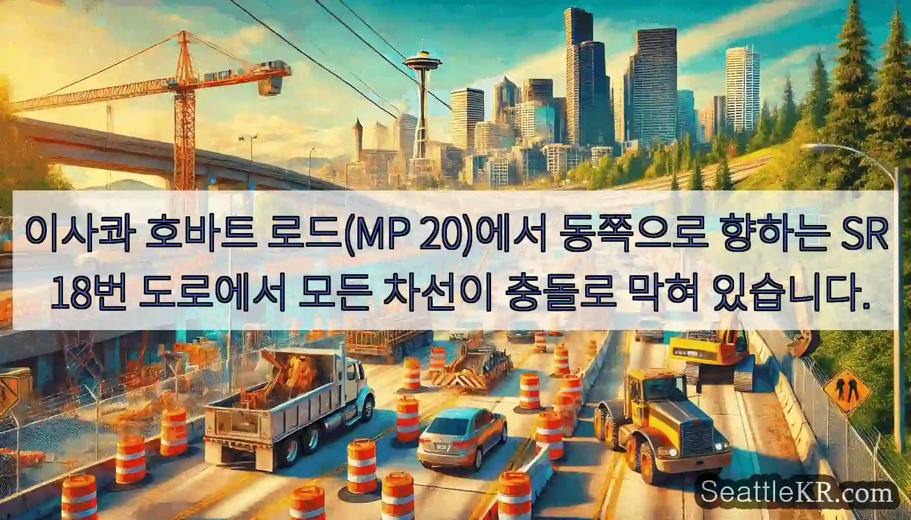 이사콰 호바트 로드(MP 20)에서 동쪽으로 향하는 SR 18번 도로에서 모든 차선이