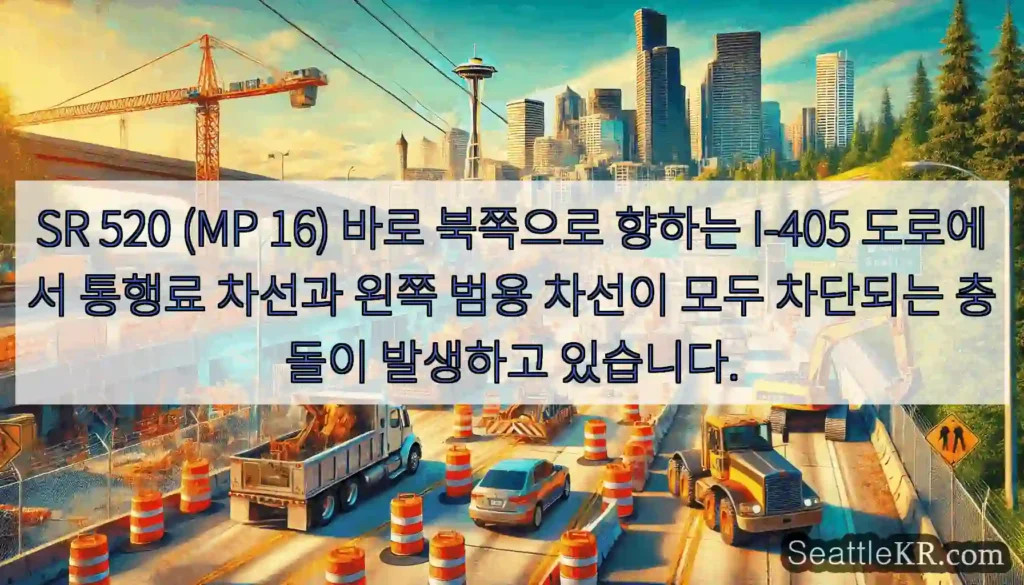 SR 520 (MP 16) 바로 북쪽으로 향하는 I-405 도로에서 통행료 차선과 왼쪽