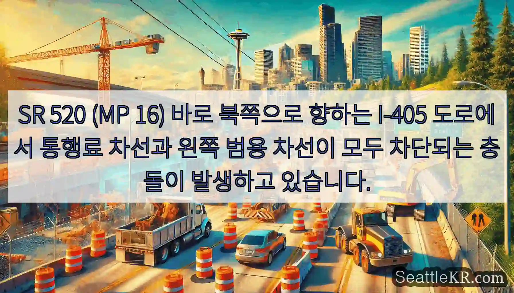SR 520 (MP 16) 바로 북쪽으로 향하는 I-405 도로에서 통행료 차선과 왼쪽