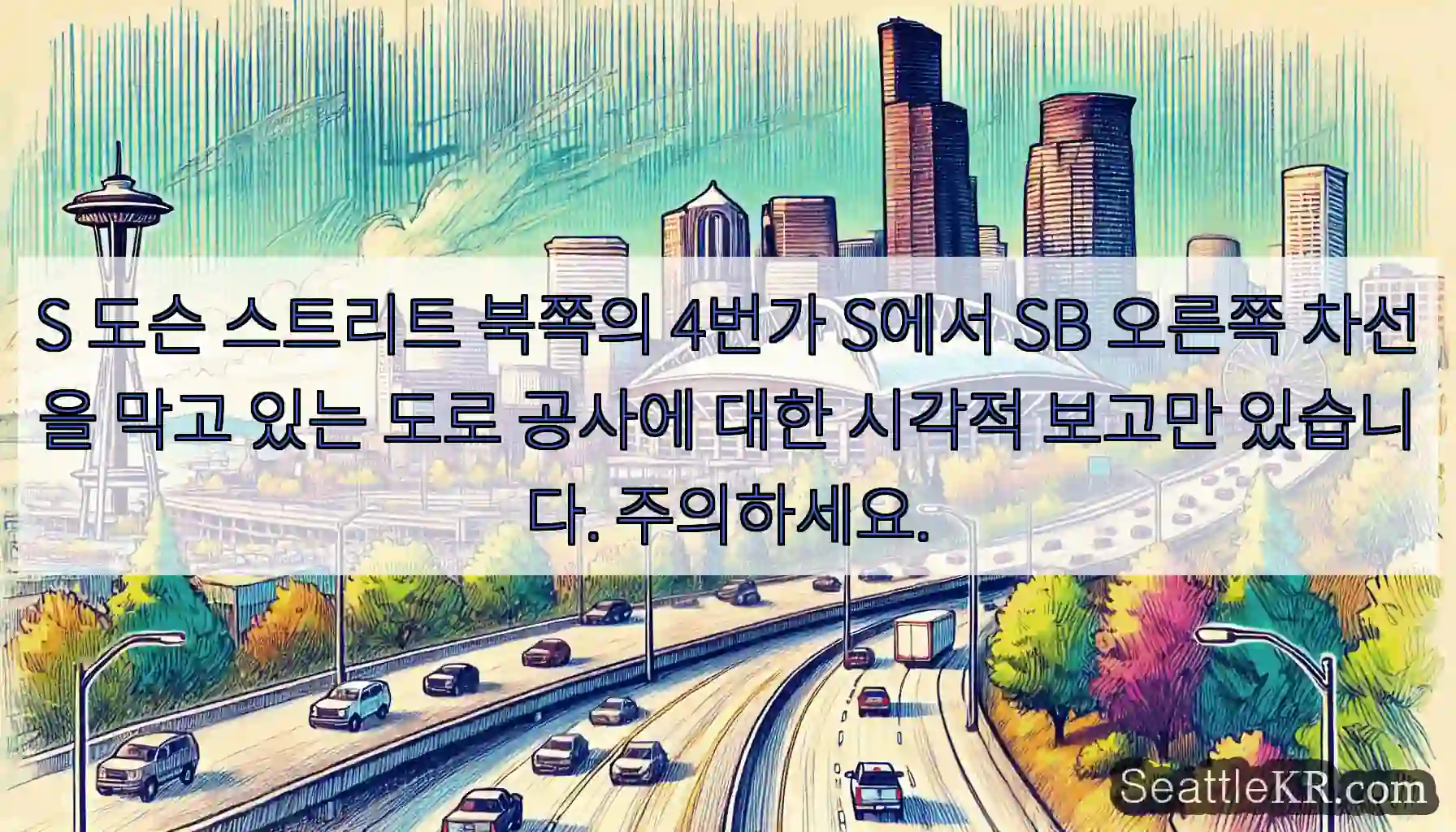 S 도슨 스트리트 북쪽의 4번가 S에서 SB 오른쪽 차선을 막고 있는 도로 공사에 대한