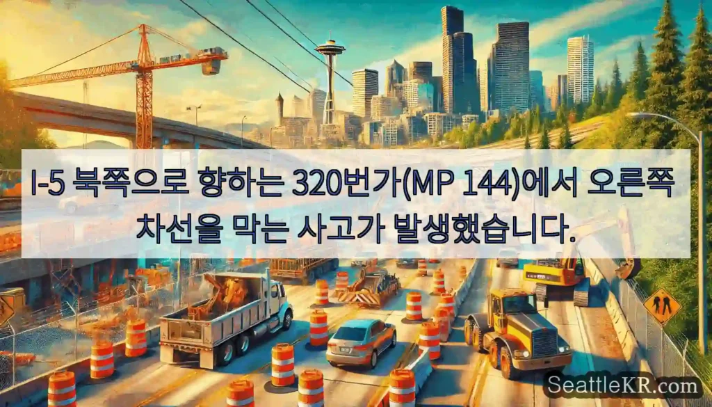 I-5 북쪽으로 향하는 320번가(MP 144)에서 오른쪽 차선을 막는 사고가