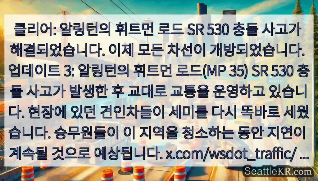 클리어: 알링턴의 휘트먼 로드 SR 530 충돌 사고가 해결되었습니다. 이제 모든 차선이