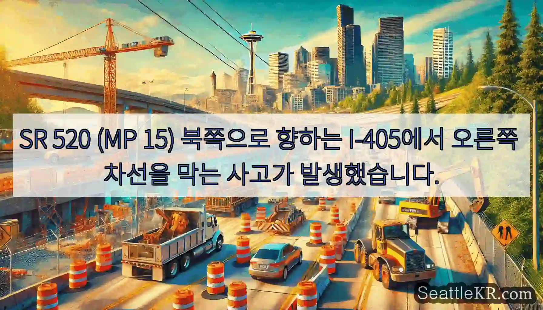 SR 520 (MP 15) 북쪽으로 향하는 I-405에서 오른쪽 차선을 막는 사고가