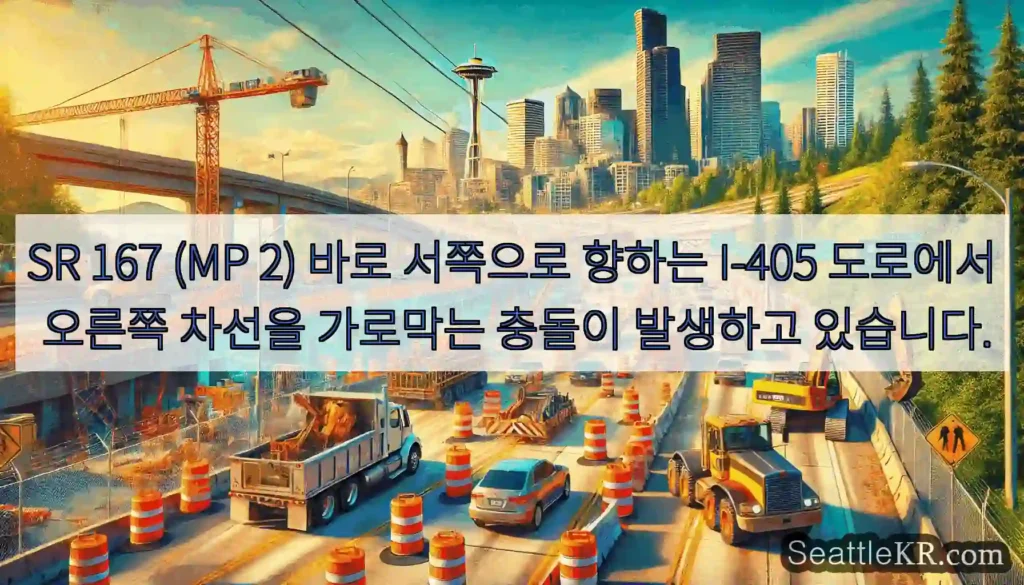 SR 167 (MP 2) 바로 서쪽으로 향하는 I-405 도로에서 오른쪽 차선을 가로막는