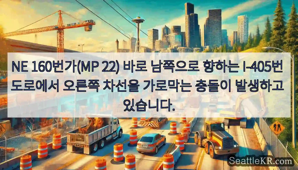 NE 160번가(MP 22) 바로 남쪽으로 향하는 I-405번 도로에서 오른쪽 차선을