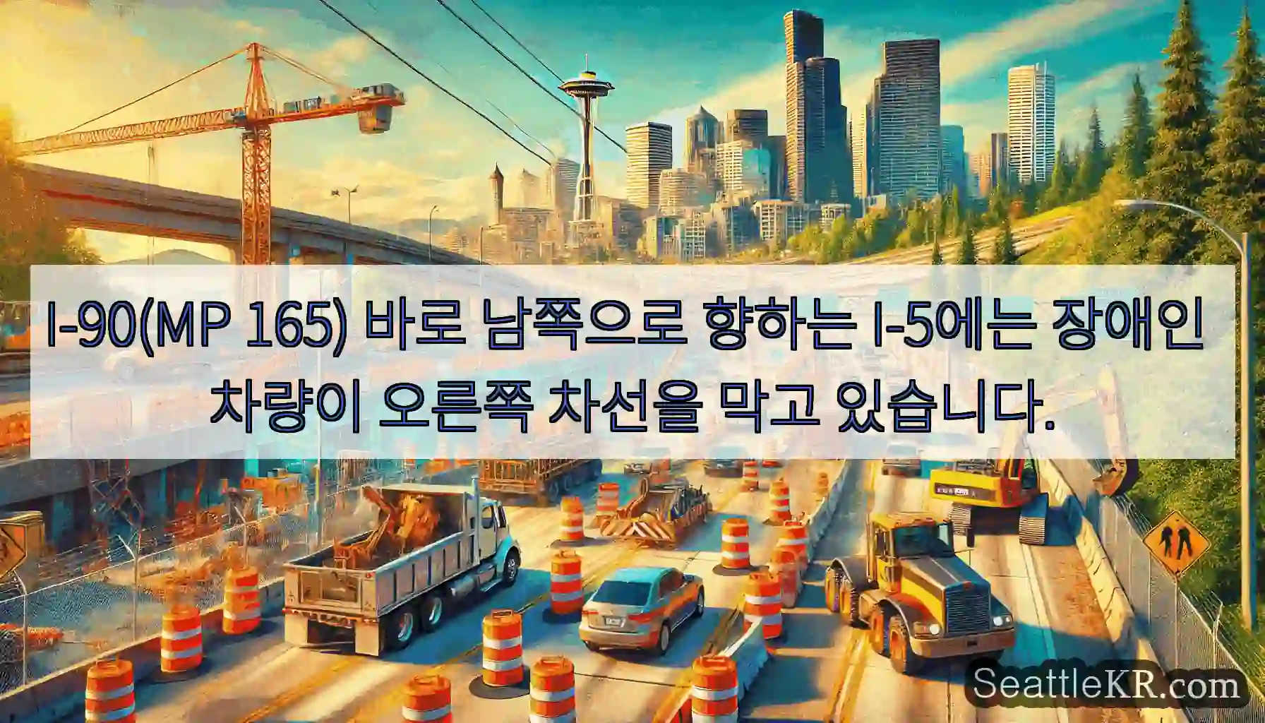 I-90(MP 165) 바로 남쪽으로 향하는 I-5에는 장애인 차량이 오른쪽 차선을 막고
