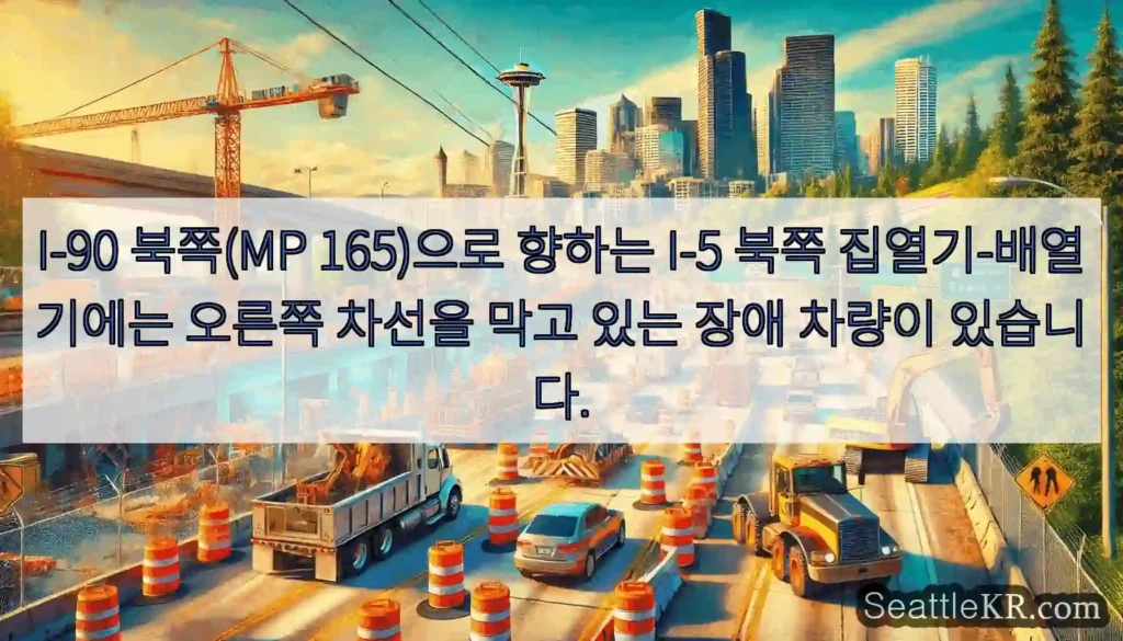 I-90 북쪽(MP 165)으로 향하는 I-5 북쪽 집열기-배열기에는 오른쪽 차선을 막고