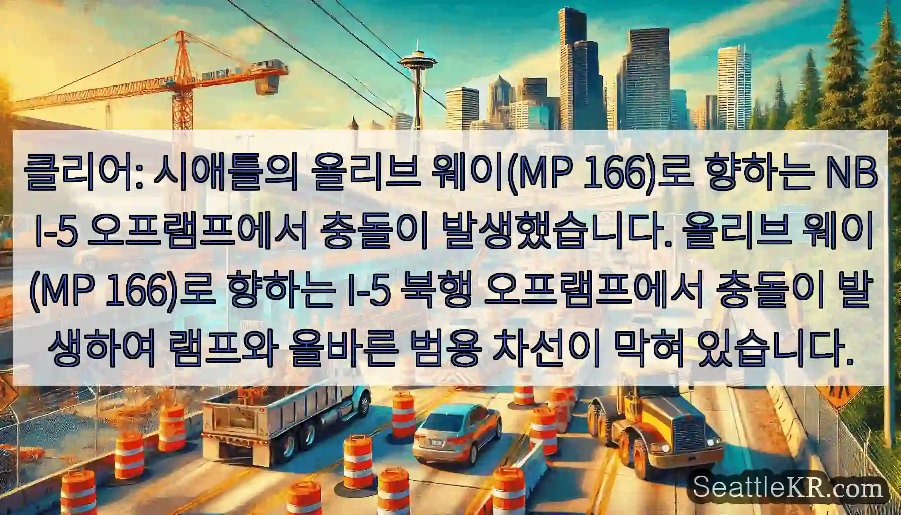 클리어: 시애틀의 올리브 웨이(MP 166)로 향하는 NB I-5 오프램프에서 충돌이