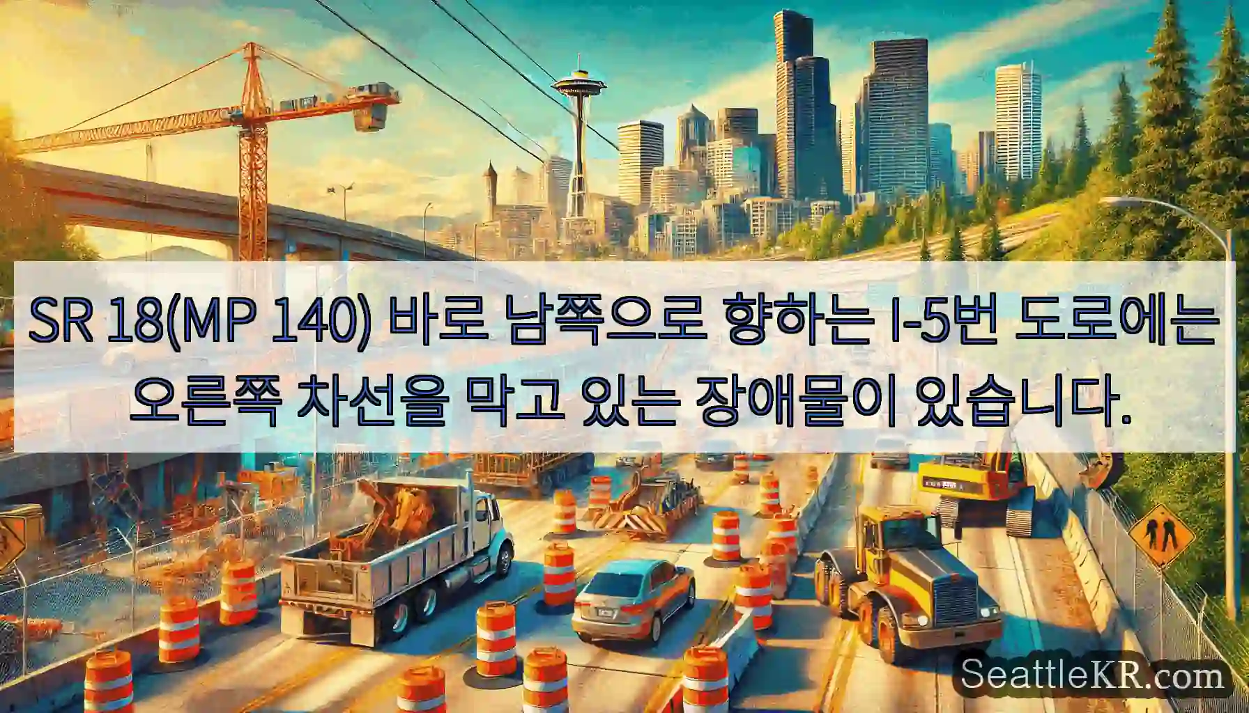 SR 18(MP 140) 바로 남쪽으로 향하는 I-5번 도로에는 오른쪽 차선을 막고 있는