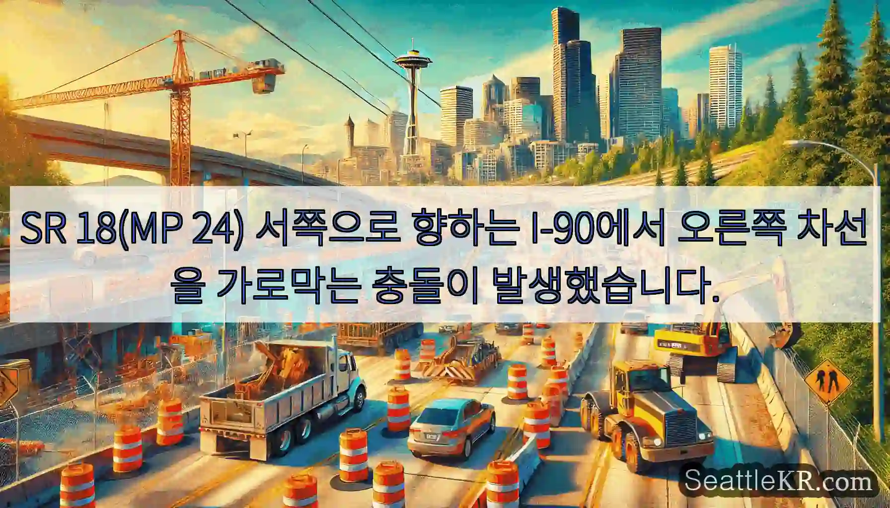 SR 18(MP 24) 서쪽으로 향하는 I-90에서 오른쪽 차선을 가로막는 충돌이