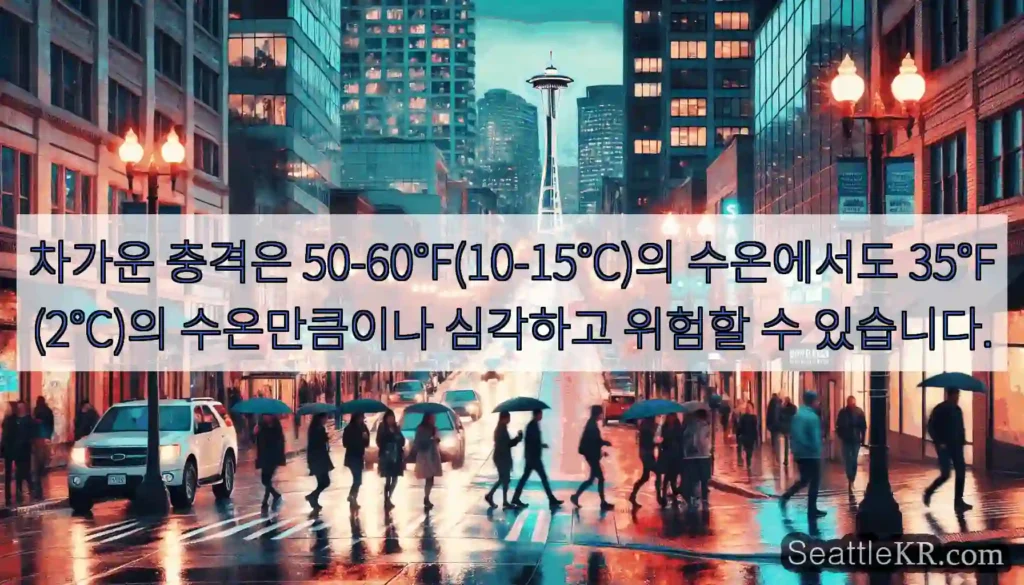 차가운 충격은 50-60°F(10-15°C)의 수온에서도 35°F(2°C)의 수온만큼이나