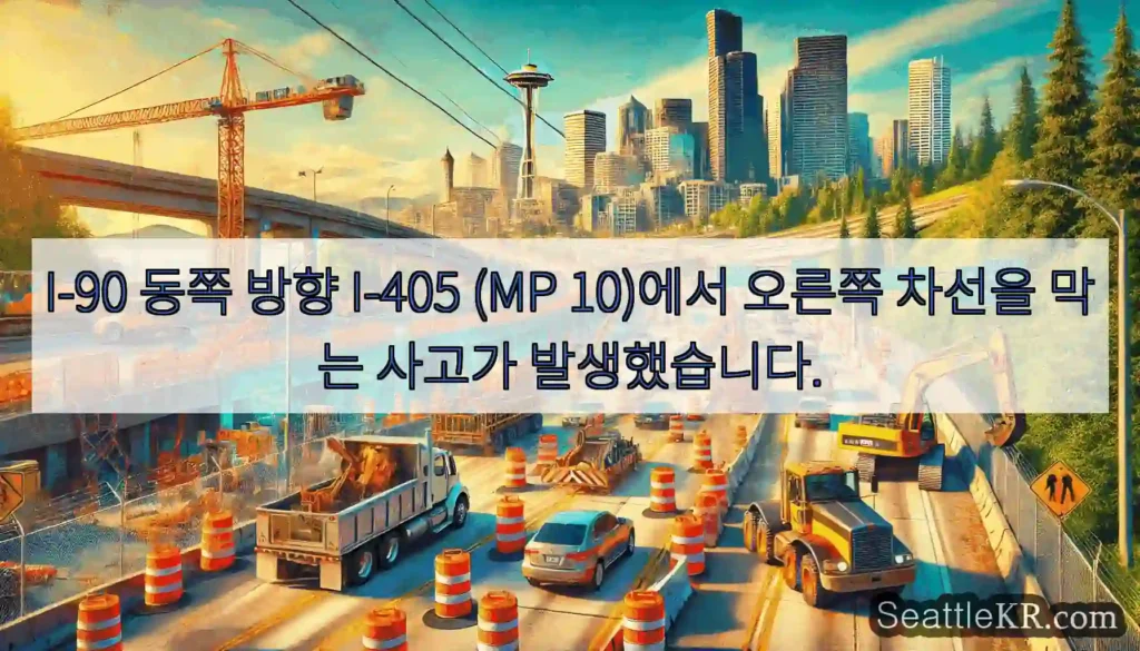 I-90 동쪽 방향 I-405 (MP 10)에서 오른쪽 차선을 막는 사고가 발생했습니다.