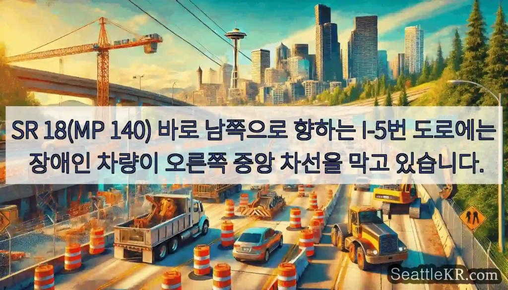 SR 18(MP 140) 바로 남쪽으로 향하는 I-5번 도로에는 장애인 차량이 오른쪽