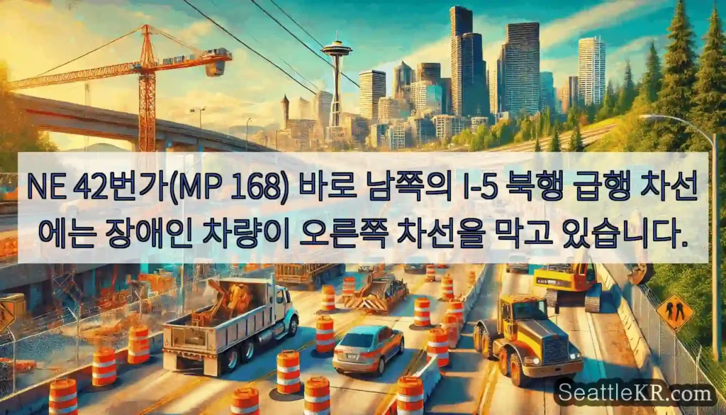 NE 42번가(MP 168) 바로 남쪽의 I-5 북행 급행 차선에는 장애인 차량이 오른쪽