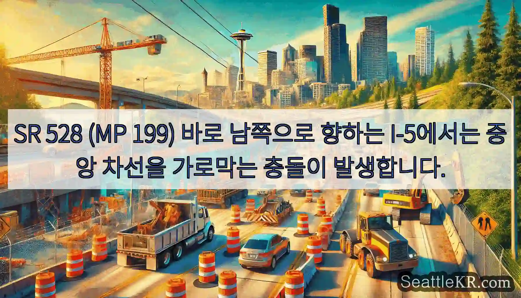 SR 528 (MP 199) 바로 남쪽으로 향하는 I-5에서는 중앙 차선을 가로막는