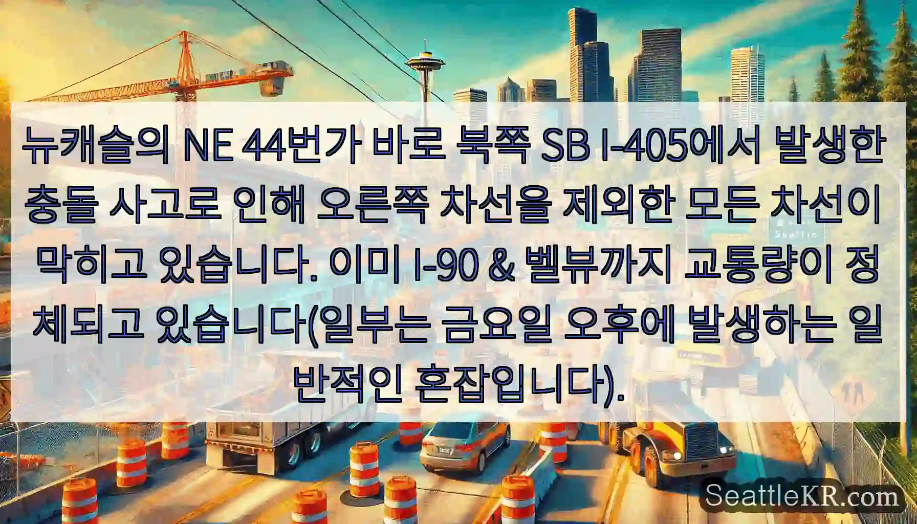 뉴캐슬의 NE 44번가 바로 북쪽 SB I-405에서 발생한 충돌 사고로 인해 오른쪽