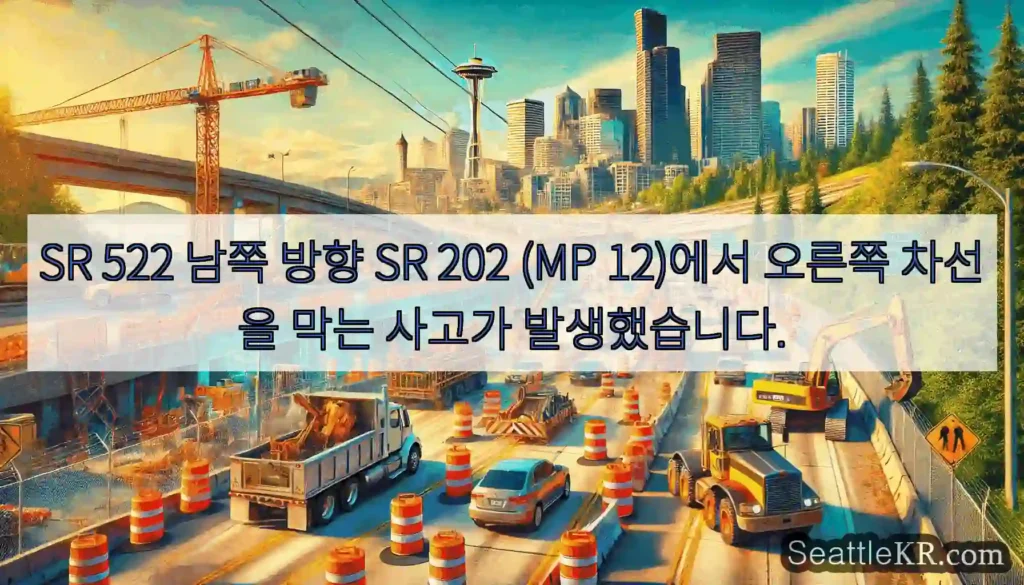 SR 522 남쪽 방향 SR 202 (MP 12)에서 오른쪽 차선을 막는 사고가