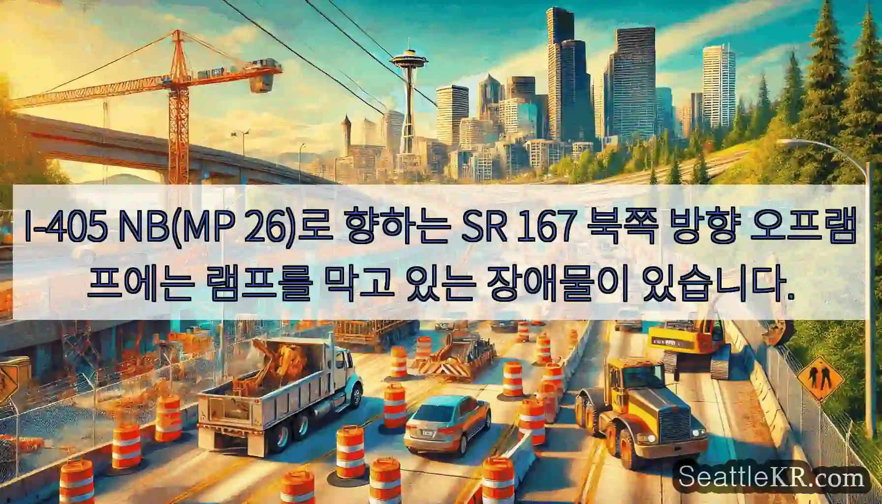 I-405 NB(MP 26)로 향하는 SR 167 북쪽 방향 오프램프에는 램프를 막고