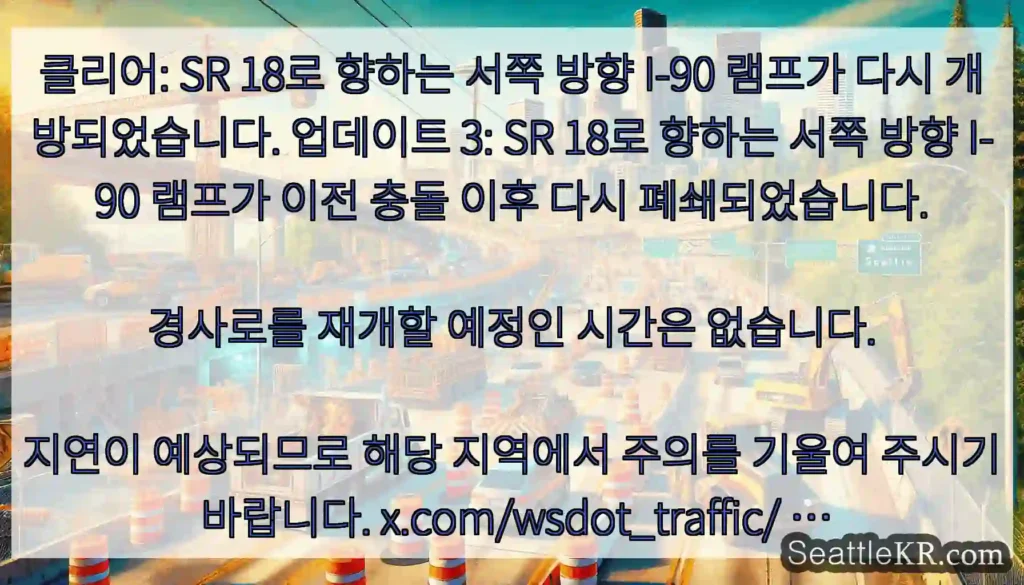 클리어: SR 18로 향하는 서쪽 방향 I-90 램프가 다시 개방되었습니다. 업데이트