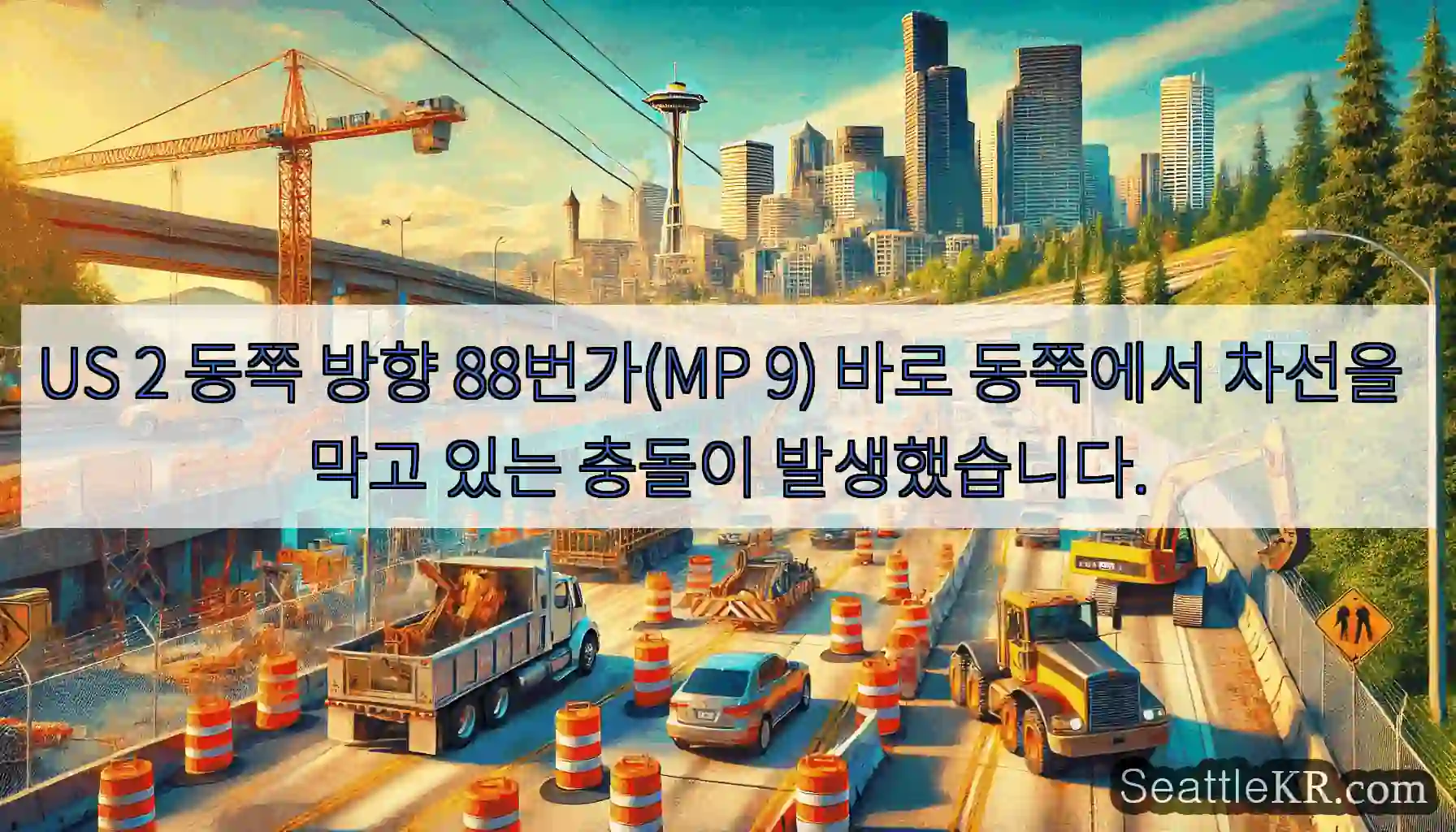 US 2 동쪽 방향 88번가(MP 9) 바로 동쪽에서 차선을 막고 있는 충돌이