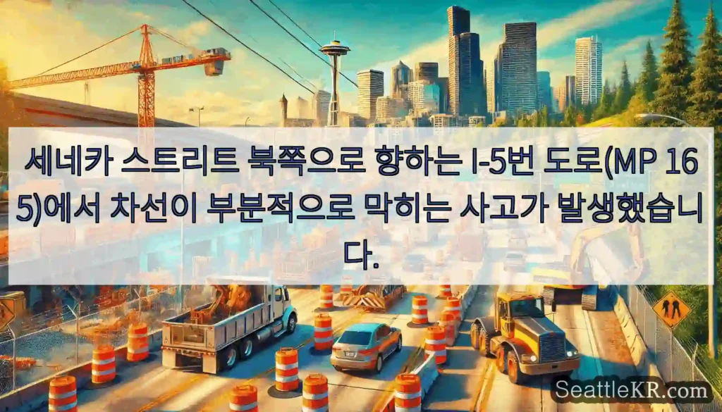 세네카 스트리트 북쪽으로 향하는 I-5번 도로(MP 165)에서 차선이 부분적으로 막히는