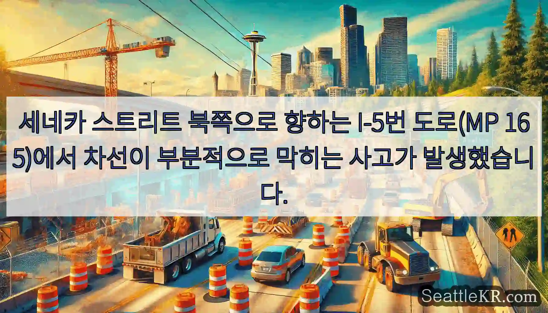 세네카 스트리트 북쪽으로 향하는 I-5번 도로(MP 165)에서 차선이 부분적으로 막히는