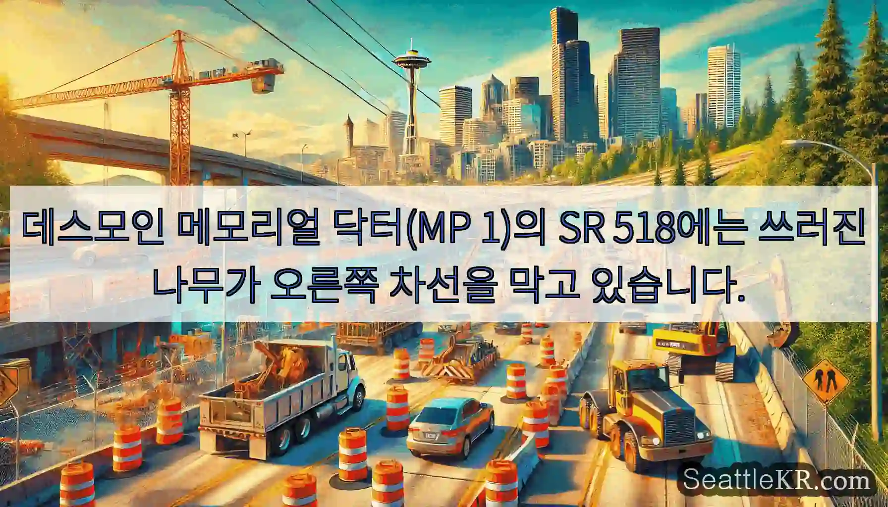 데스모인 메모리얼 닥터(MP 1)의 SR 518에는 쓰러진 나무가 오른쪽 차선을 막고