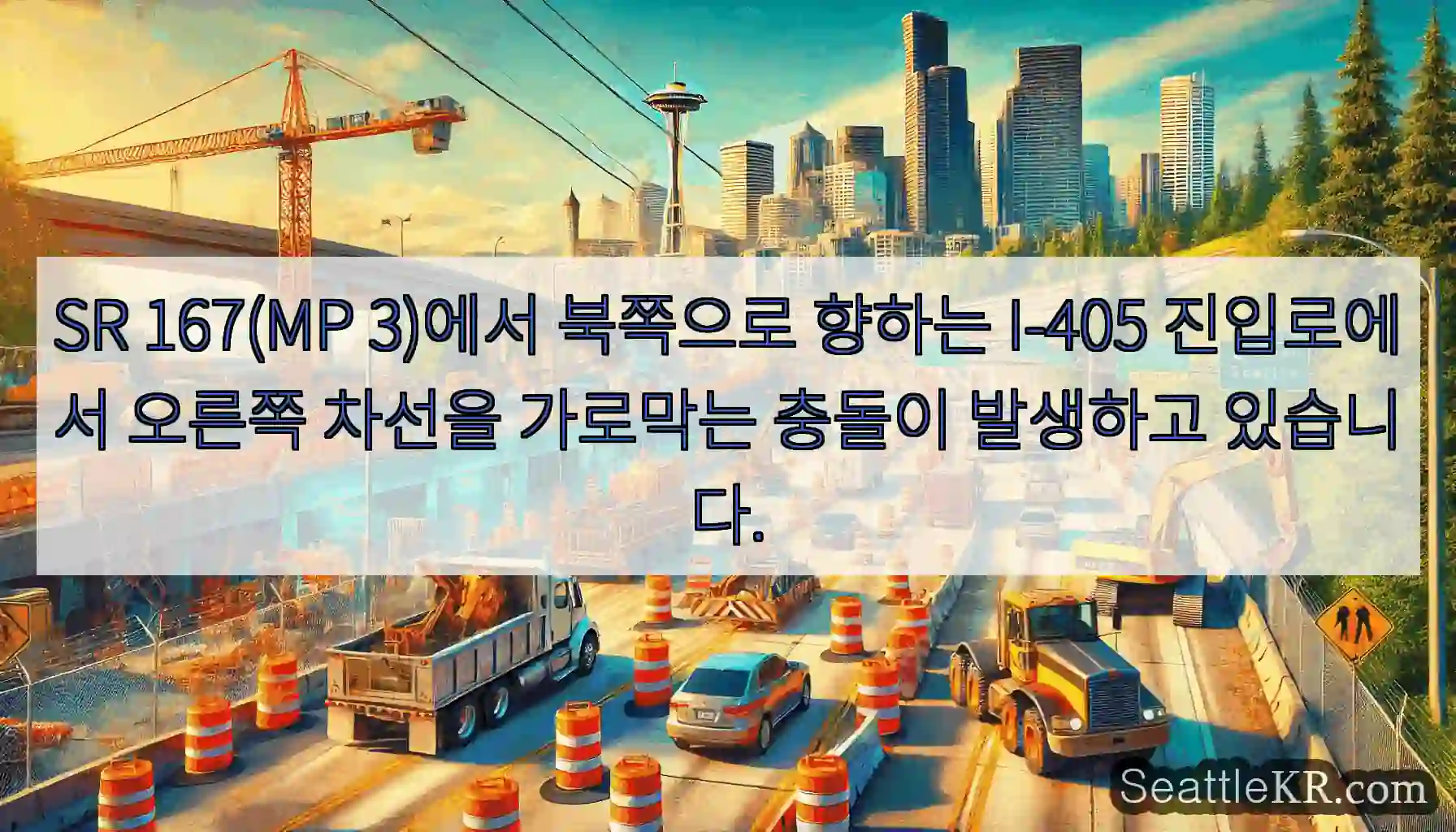 SR 167(MP 3)에서 북쪽으로 향하는 I-405 진입로에서 오른쪽 차선을 가로막는
