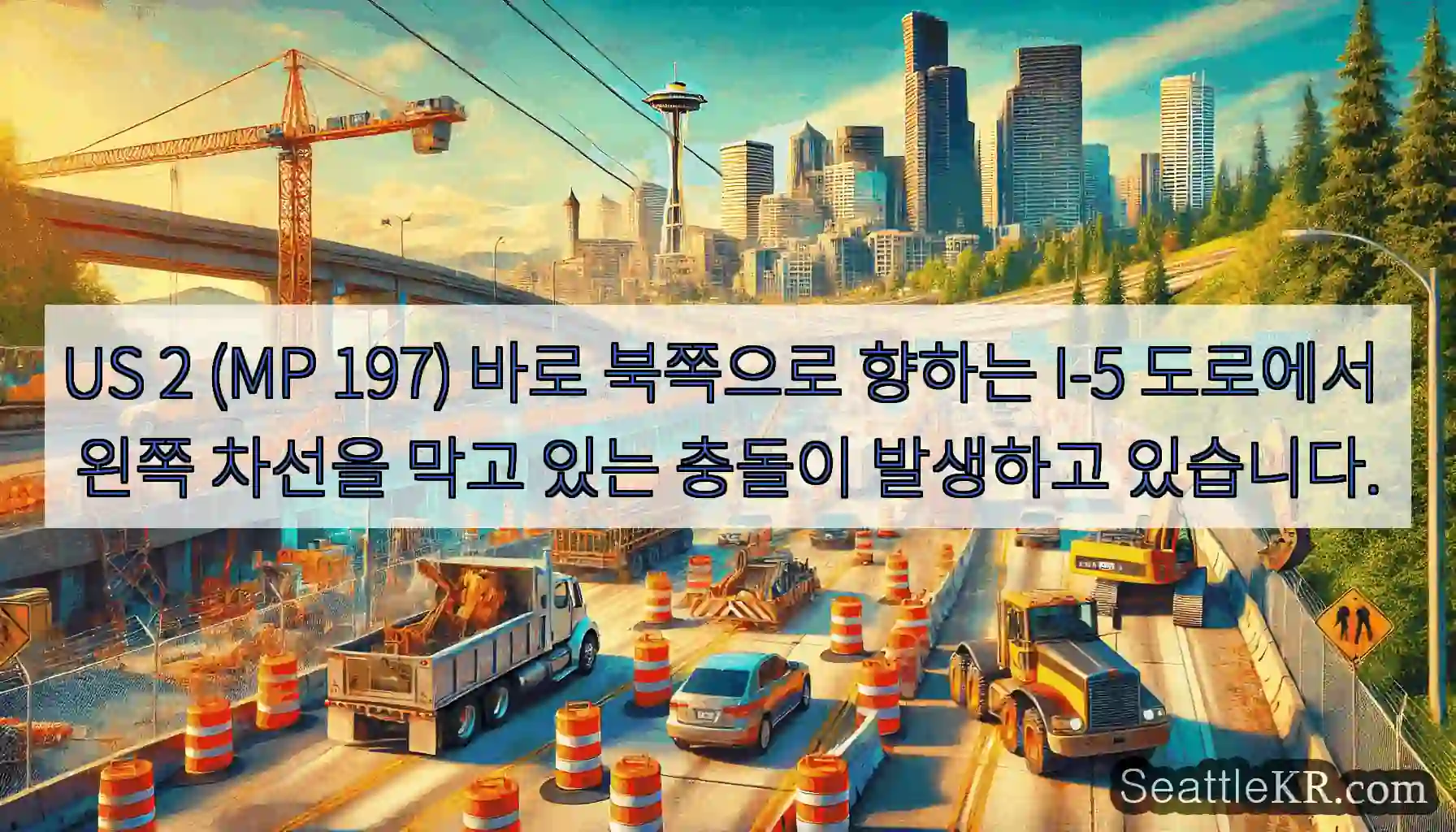 US 2 (MP 197) 바로 북쪽으로 향하는 I-5 도로에서 왼쪽 차선을 막고 있는