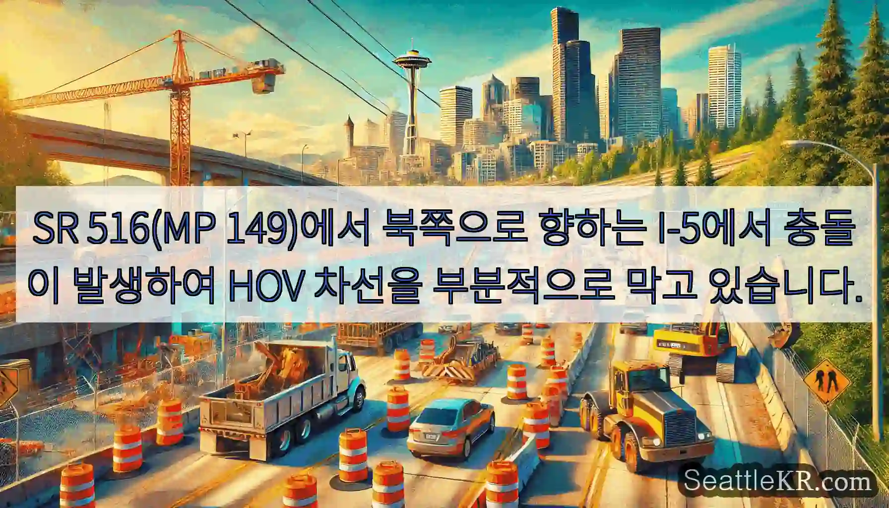 SR 516(MP 149)에서 북쪽으로 향하는 I-5에서 충돌이 발생하여 HOV 차선을
