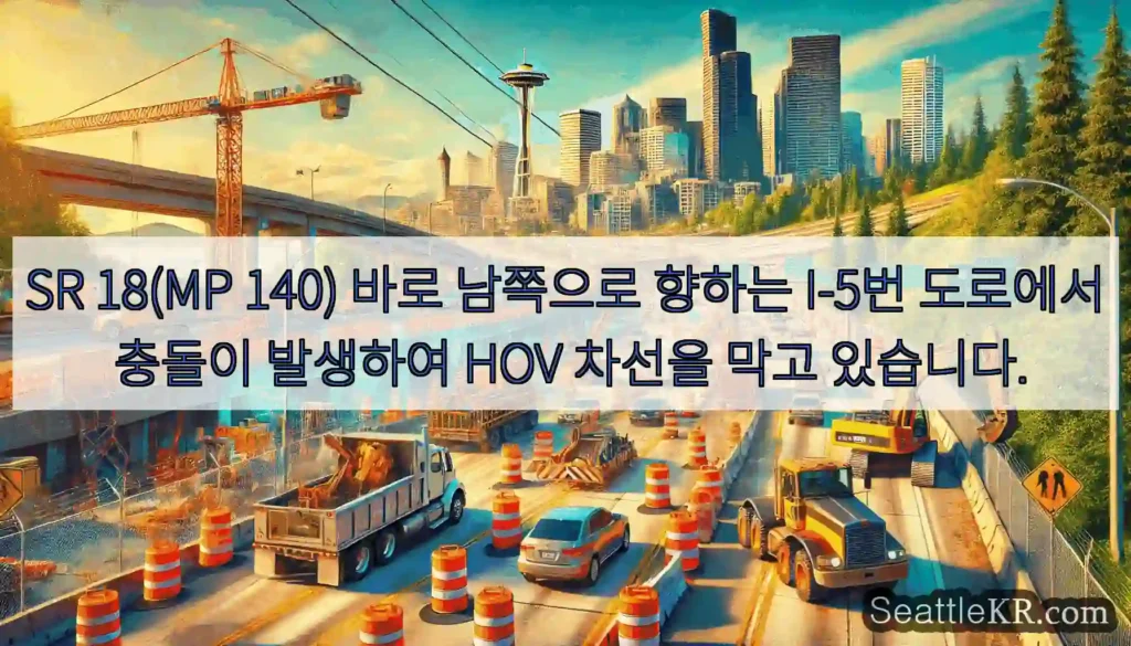 SR 18(MP 140) 바로 남쪽으로 향하는 I-5번 도로에서 충돌이 발생하여 HOV