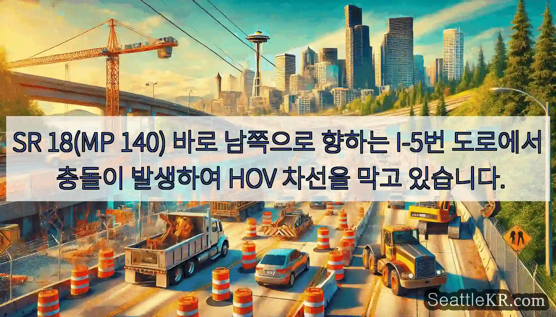 SR 18(MP 140) 바로 남쪽으로 향하는 I-5번 도로에서 충돌이 발생하여 HOV