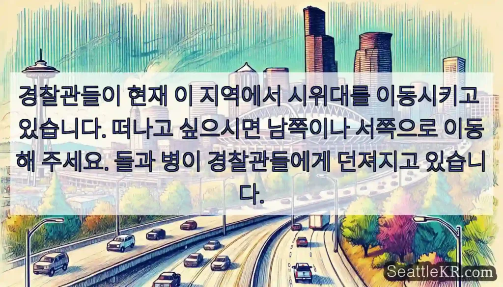 경찰관들이 현재 이 지역에서 시위대를 이동시키고 있습니다. 떠나고 싶으시면 남쪽이나
