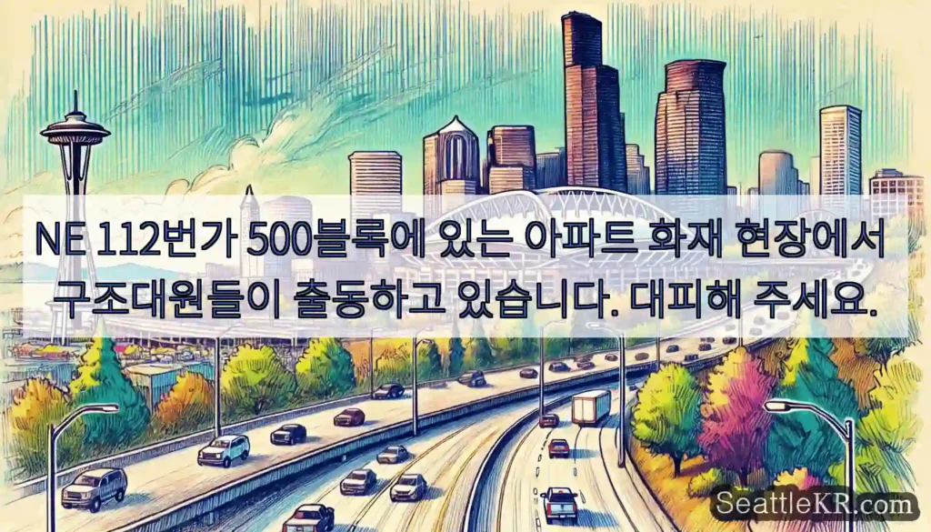 NE 112번가 500블록에 있는 아파트 화재 현장에서 구조대원들이 출동하고 있습니다.