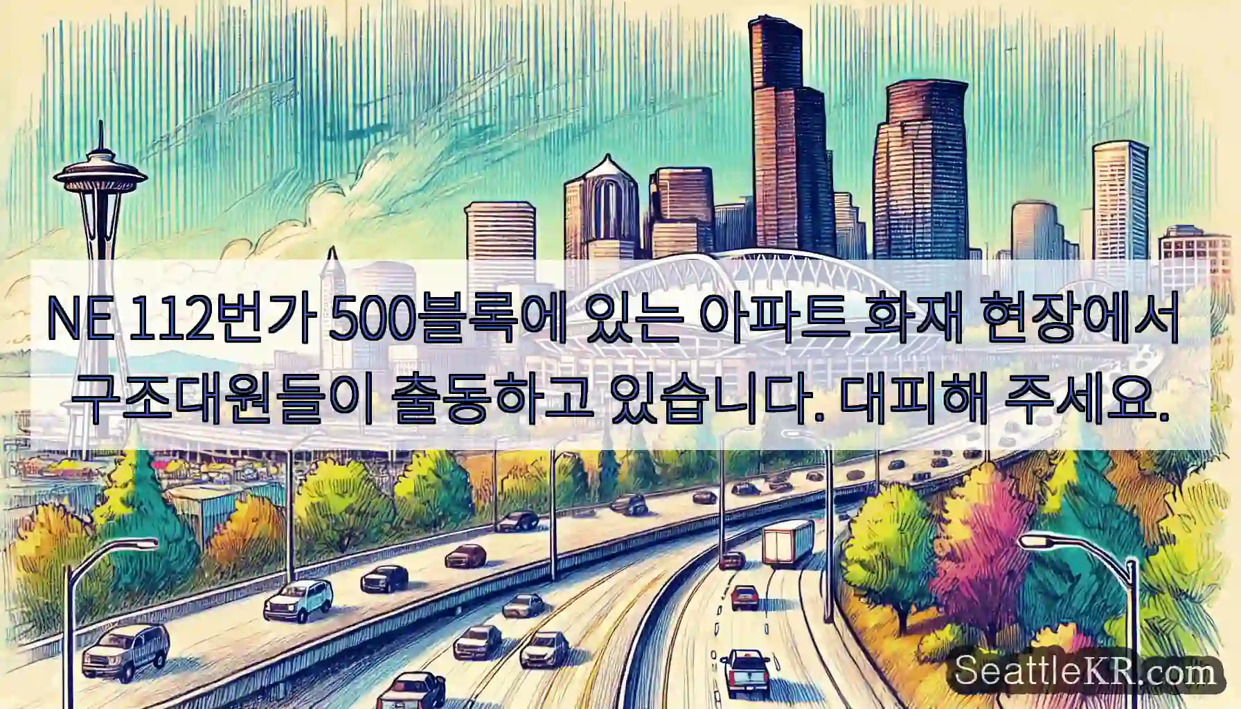 NE 112번가 500블록에 있는 아파트 화재 현장에서 구조대원들이 출동하고 있습니다.