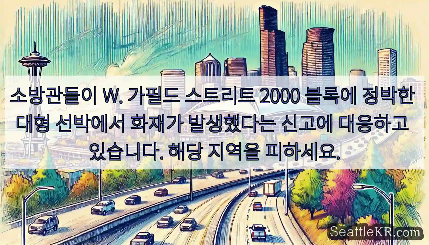 소방관들이 W. 가필드 스트리트 2000 블록에 정박한 대형 선박에서 화재가 발생했다는