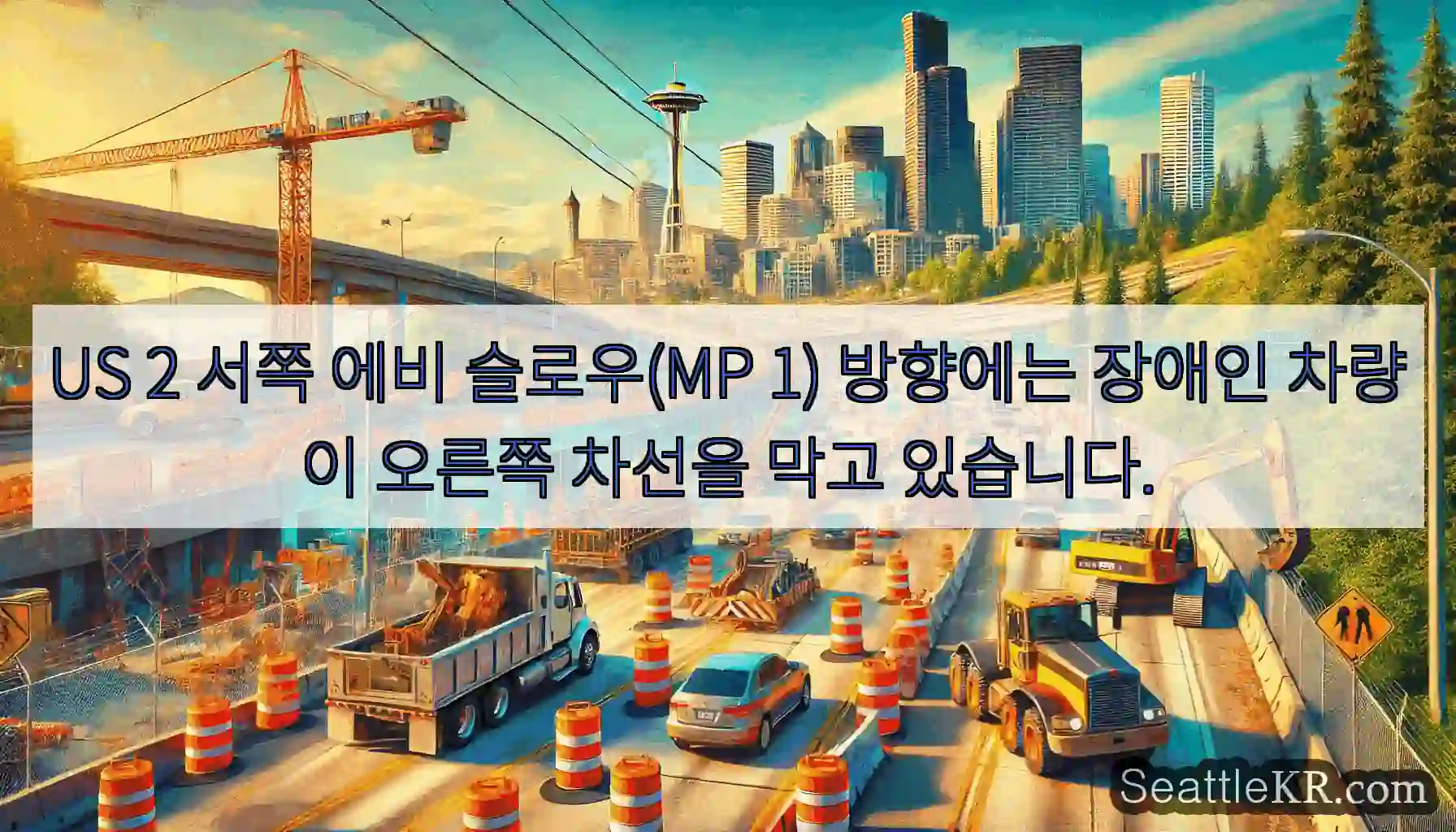 US 2 서쪽 에비 슬로우(MP 1) 방향에는 장애인 차량이 오른쪽 차선을 막고 있습니다.