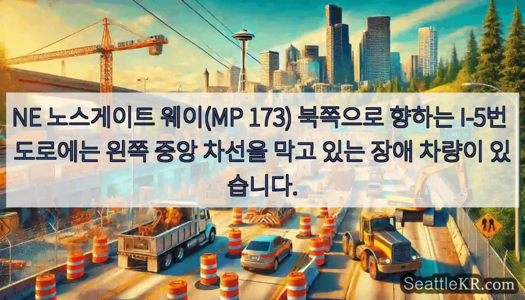 NE 노스게이트 웨이(MP 173) 북쪽으로 향하는 I-5번 도로에는 왼쪽 중앙 차선을