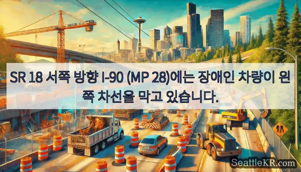 SR 18 서쪽 방향 I-90 (MP 28)에는 장애인 차량이 왼쪽 차선을 막고 있습니다.