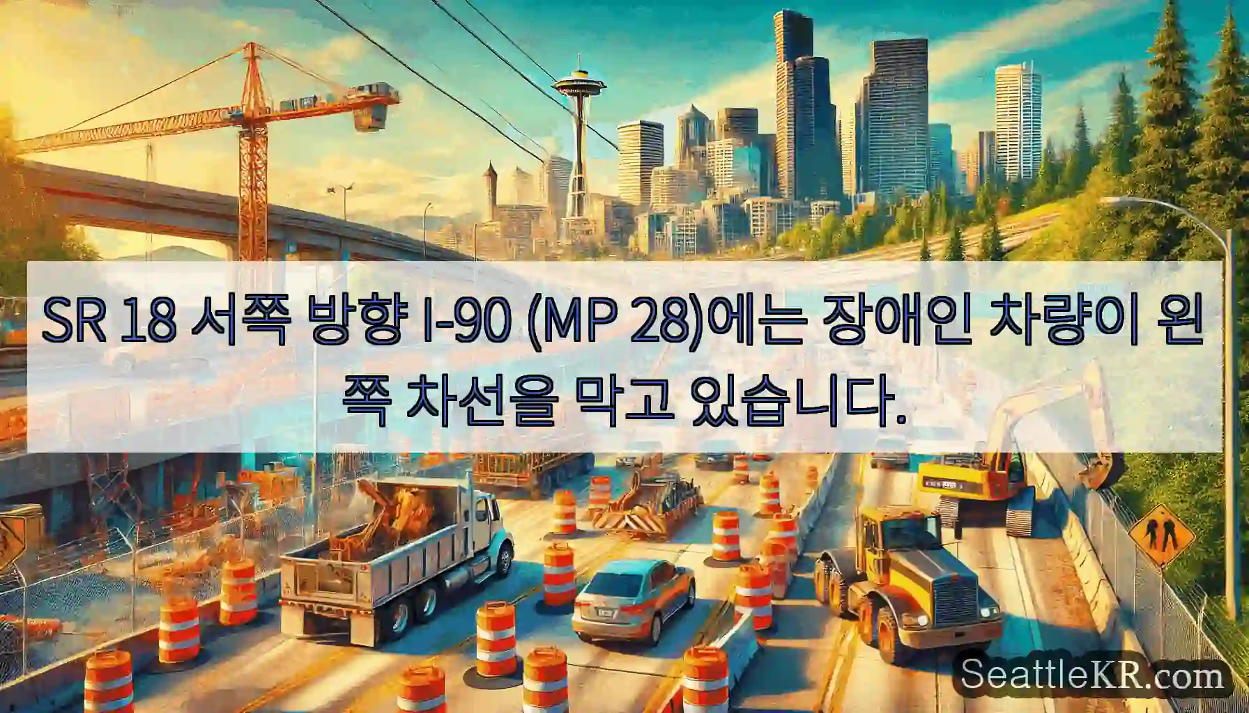 SR 18 서쪽 방향 I-90 (MP 28)에는 장애인 차량이 왼쪽 차선을 막고 있습니다.