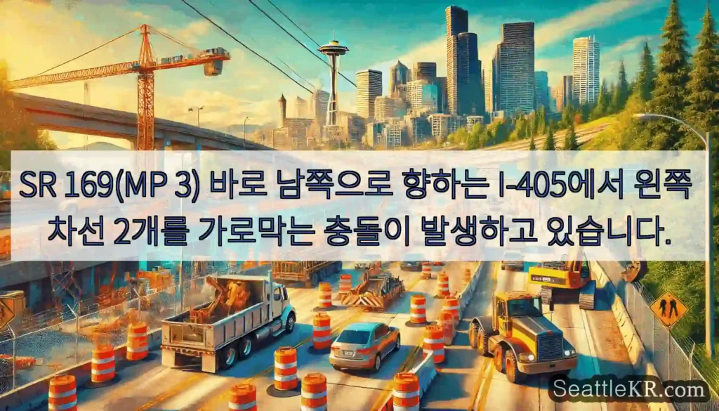 SR 169(MP 3) 바로 남쪽으로 향하는 I-405에서 왼쪽 차선 2개를 가로막는