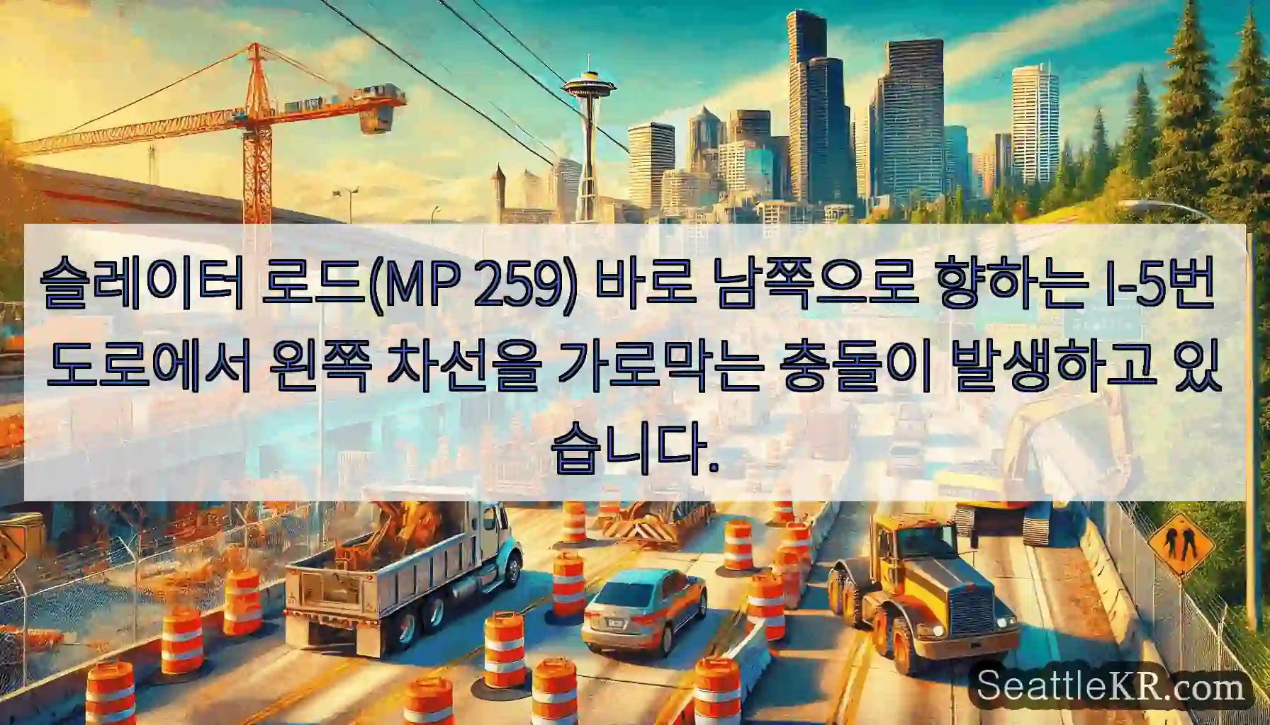 슬레이터 로드(MP 259) 바로 남쪽으로 향하는 I-5번 도로에서 왼쪽 차선을 가로막는