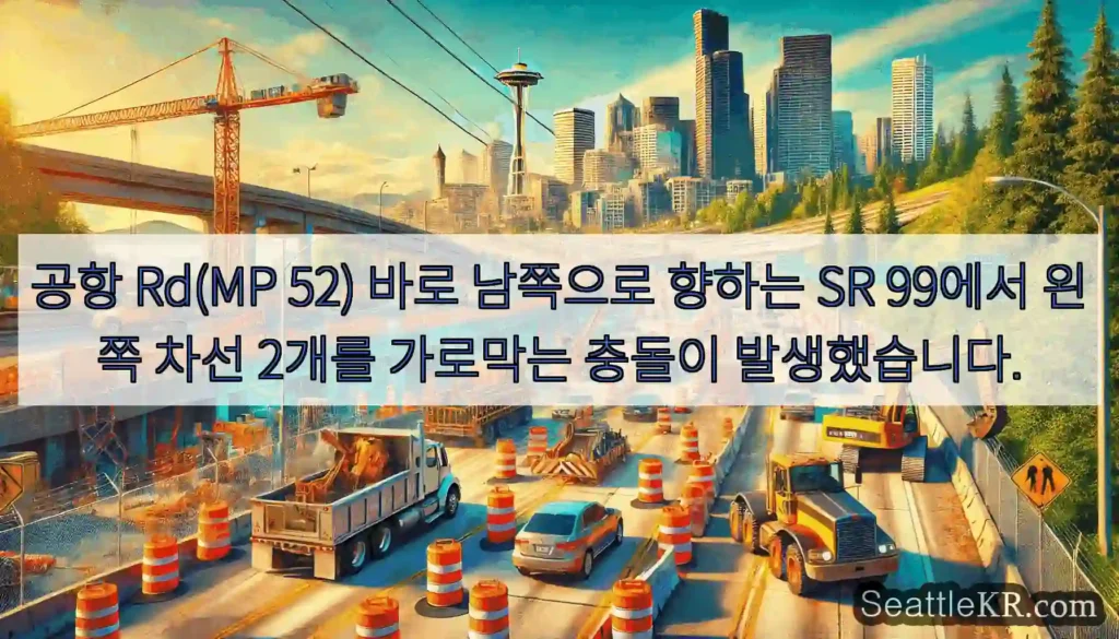 공항 Rd(MP 52) 바로 남쪽으로 향하는 SR 99에서 왼쪽 차선 2개를 가로막는