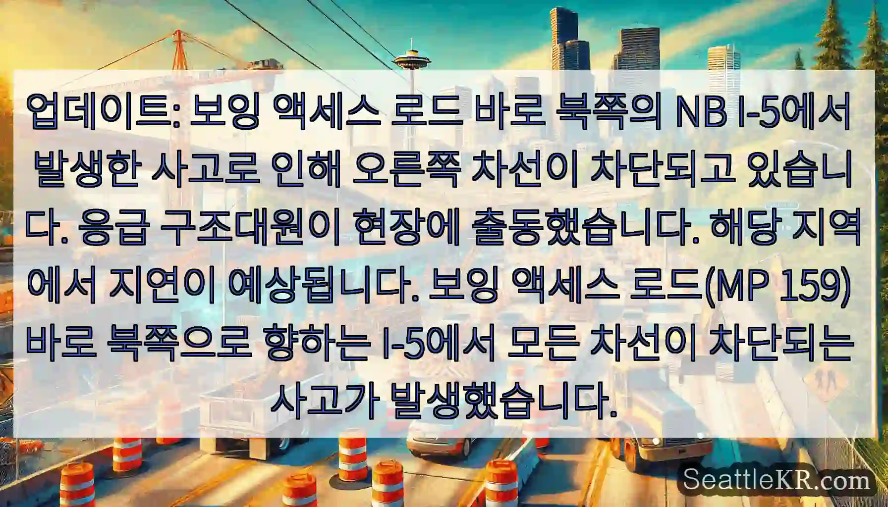 업데이트: 보잉 액세스 로드 바로 북쪽의 NB I-5에서 발생한 사고로 인해 오른쪽